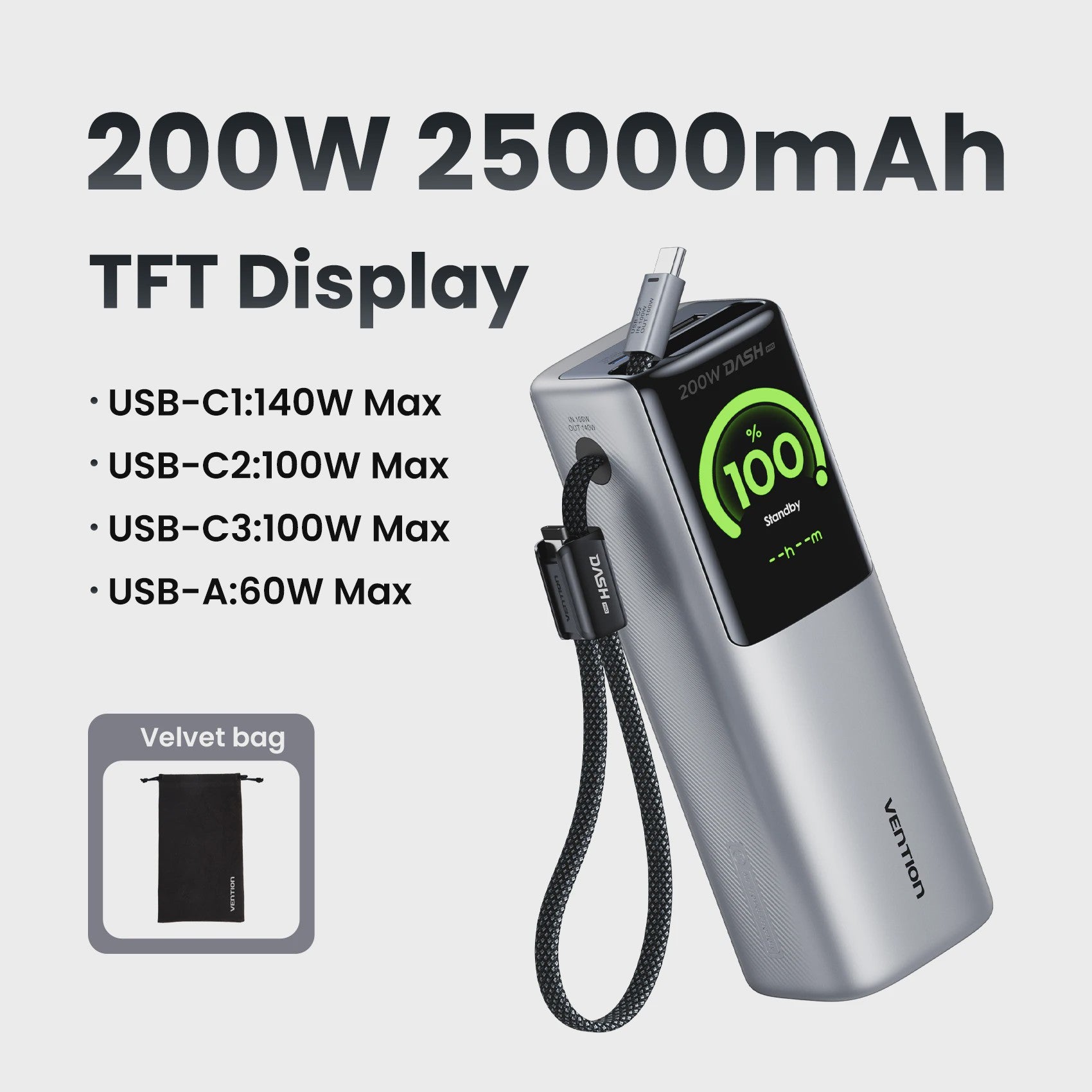 Vention 200W 25000mAh Powerbank: Draagbare Externe Batterij met Ingebouwde Kabels & PD Fast Charge