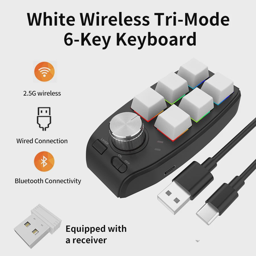 Compact 6-Key Macro Mini Toetsenbord met Draaiknop - USB & Bluetooth, Hot-swap, Programmeerbaar
