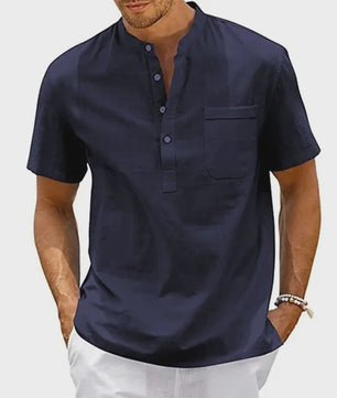 Herenshirt met Hennekhals en Borstzak - Korte Mouw, Katoen Linnen Mix - Casual & Vintage Stijl