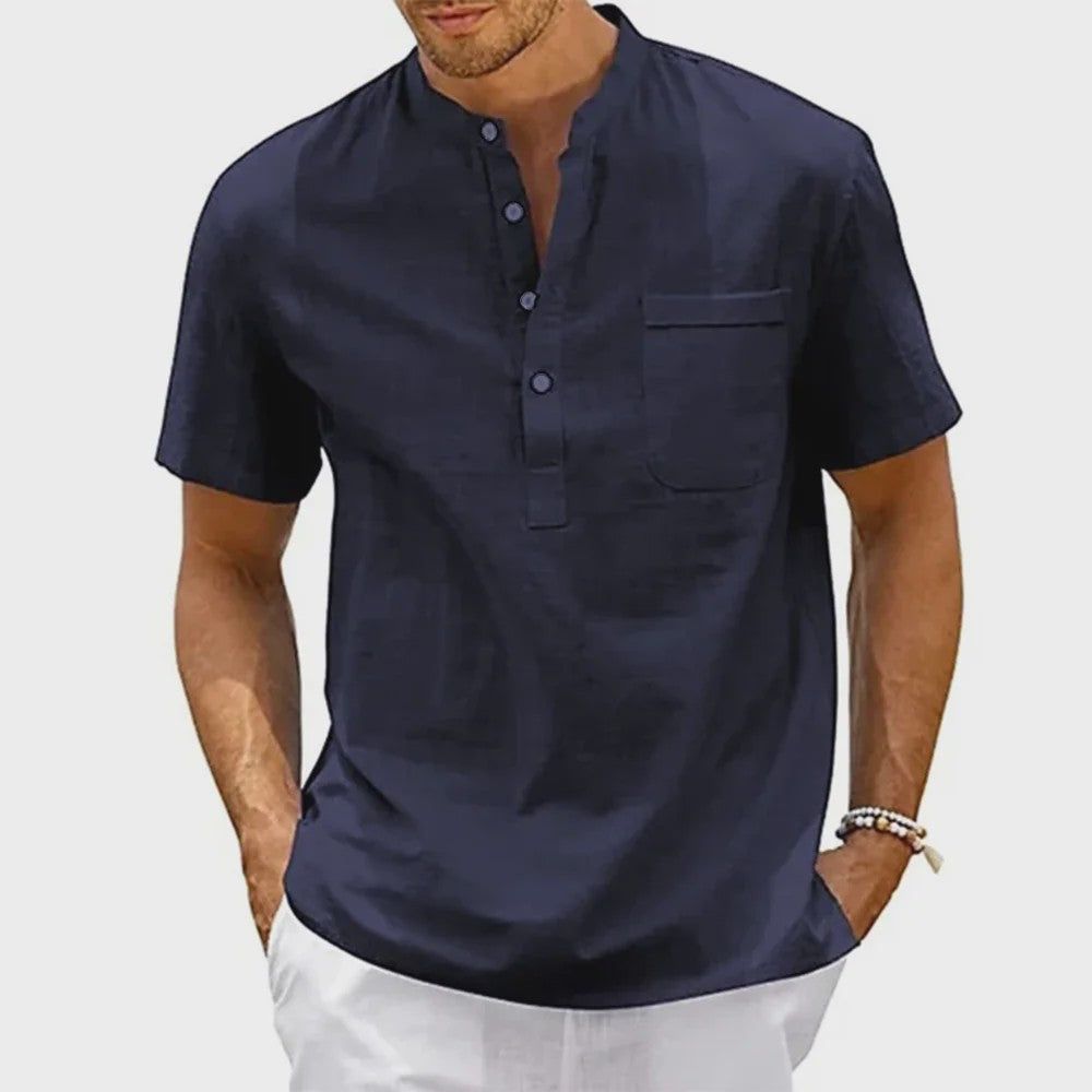 Herenshirt met Hennekhals en Borstzak - Korte Mouw, Katoen Linnen Mix - Casual & Vintage Stijl
