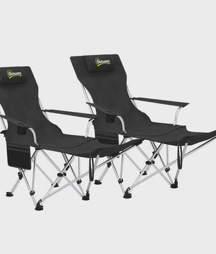 Set van 2 Zwarte Klapstoelen - Camping, Vissen, Strand - Met Voetensteun & Bekerhouder - 120kg Draagkracht