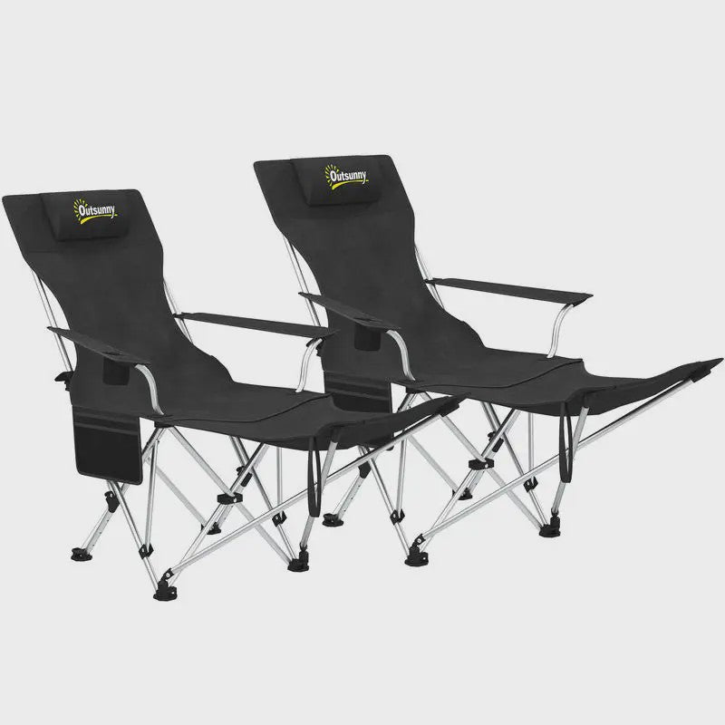 Set van 2 Zwarte Klapstoelen - Camping, Vissen, Strand - Met Voetensteun & Bekerhouder - 120kg Draagkracht