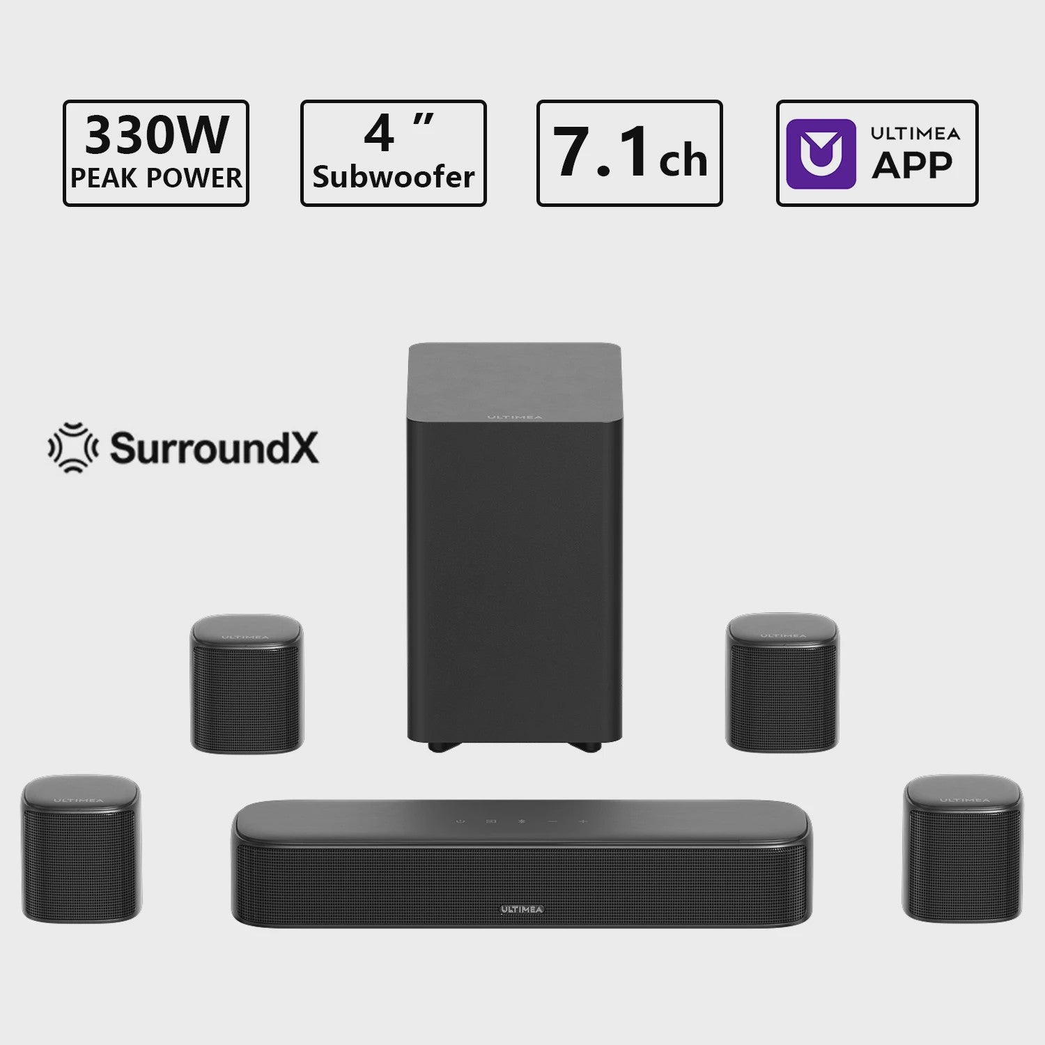 ULTIMEA 350W 7.1 Virtuele Surround Soundbar met Subwoofer & 4 Speakers
