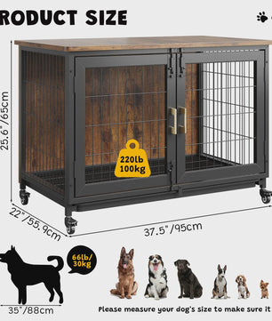 Luxe Houten Hondenkooi Meubel met Dubbele Deuren en Wielen - Afsluitbare Binnen Bench & Tafel voor Kleine/Medium Honden