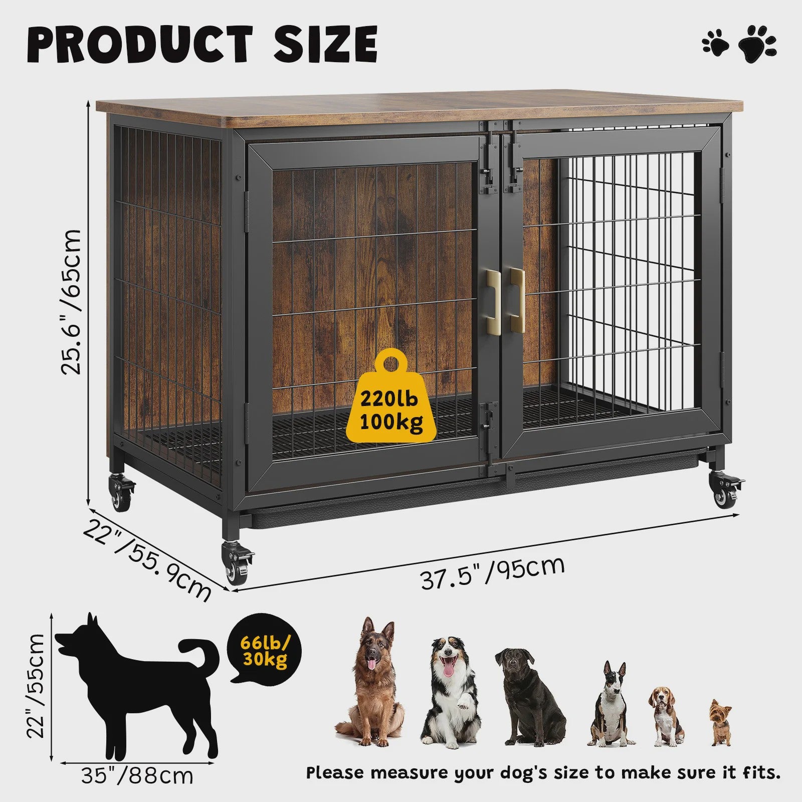 Luxe Houten Hondenkooi Meubel met Dubbele Deuren en Wielen - Afsluitbare Binnen Bench & Tafel voor Kleine/Medium Honden