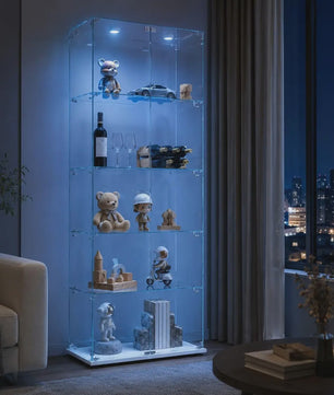 Moderne Witte Glazen Vitrinekast met LED Verlichting, 5 Legborden en 2 Vergrendelbare Deuren - 186x78x34 cm