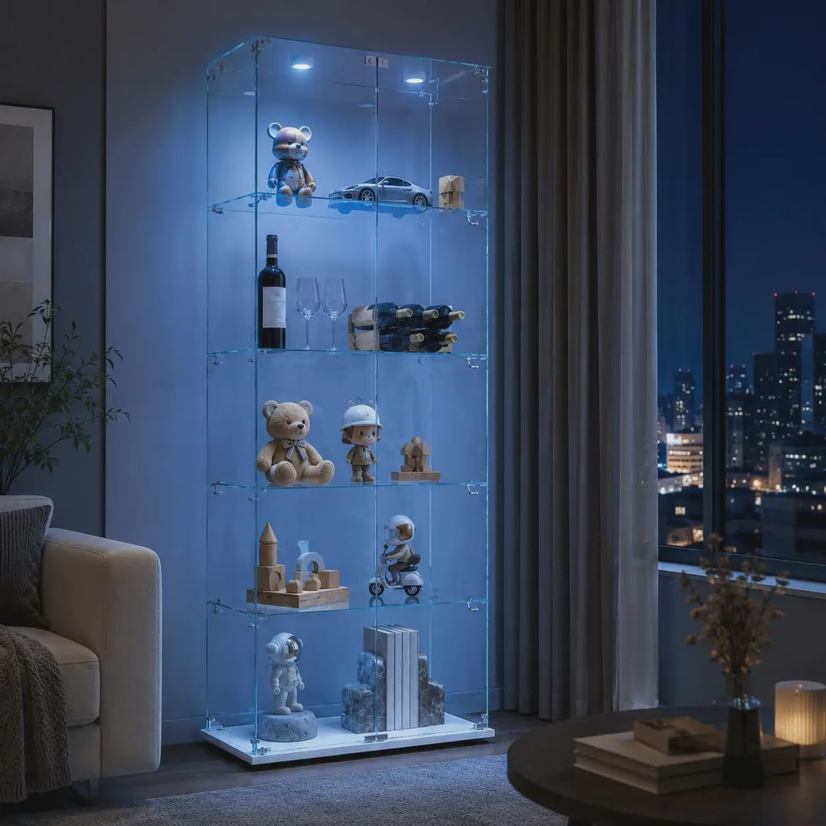 Moderne Witte Glazen Vitrinekast met LED Verlichting, 5 Legborden en 2 Vergrendelbare Deuren - 186x78x34 cm