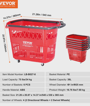 Set van 6xBoodschappenmanden met Wielen - 39L Draagbaar & Rolbaar