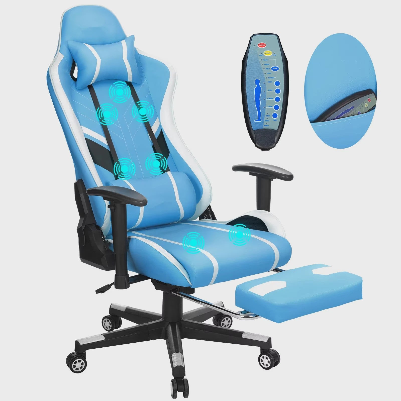 Ergonomische Massage Gaming Stoel met Voetensteun en Lendensteun - Verstelbaar