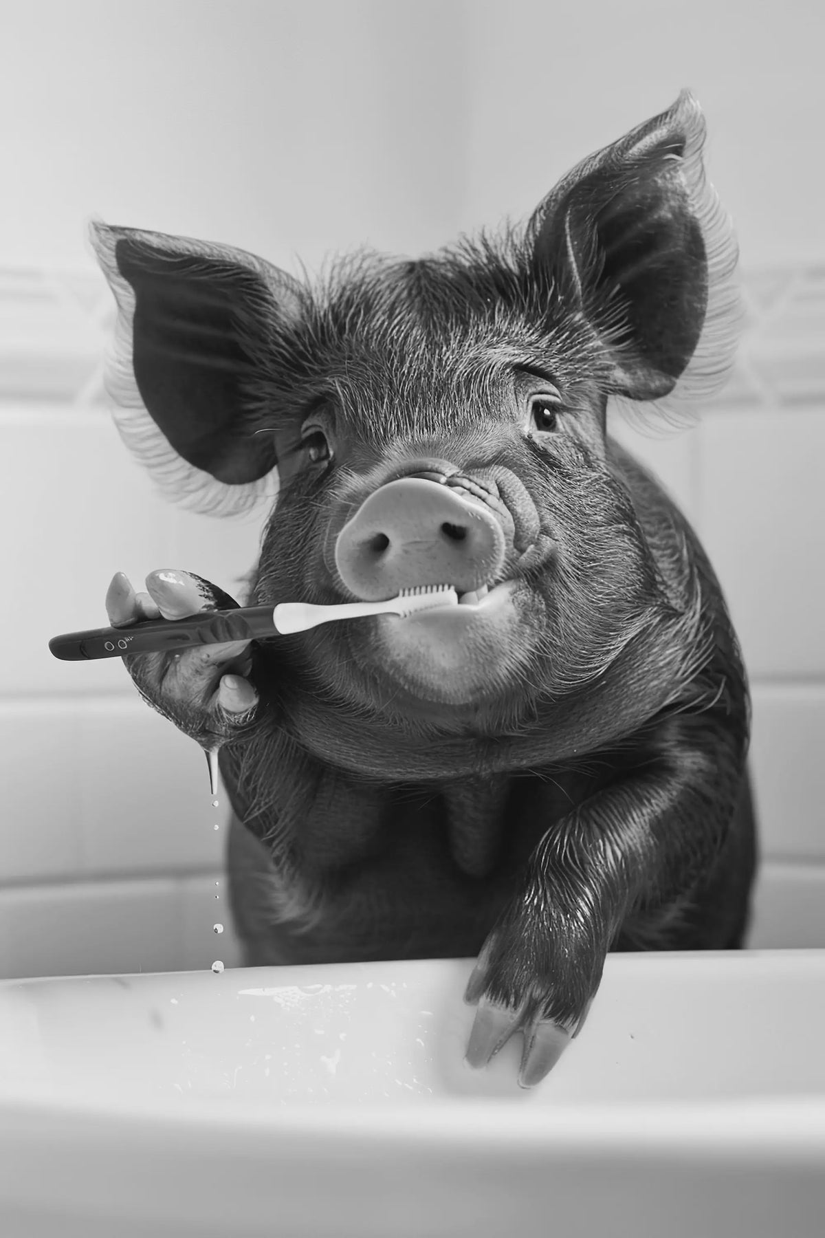 Grappige Zwart-Wit Canvas Poster: Schattige Dieren Poetsen Tanden - Muurdecoratie