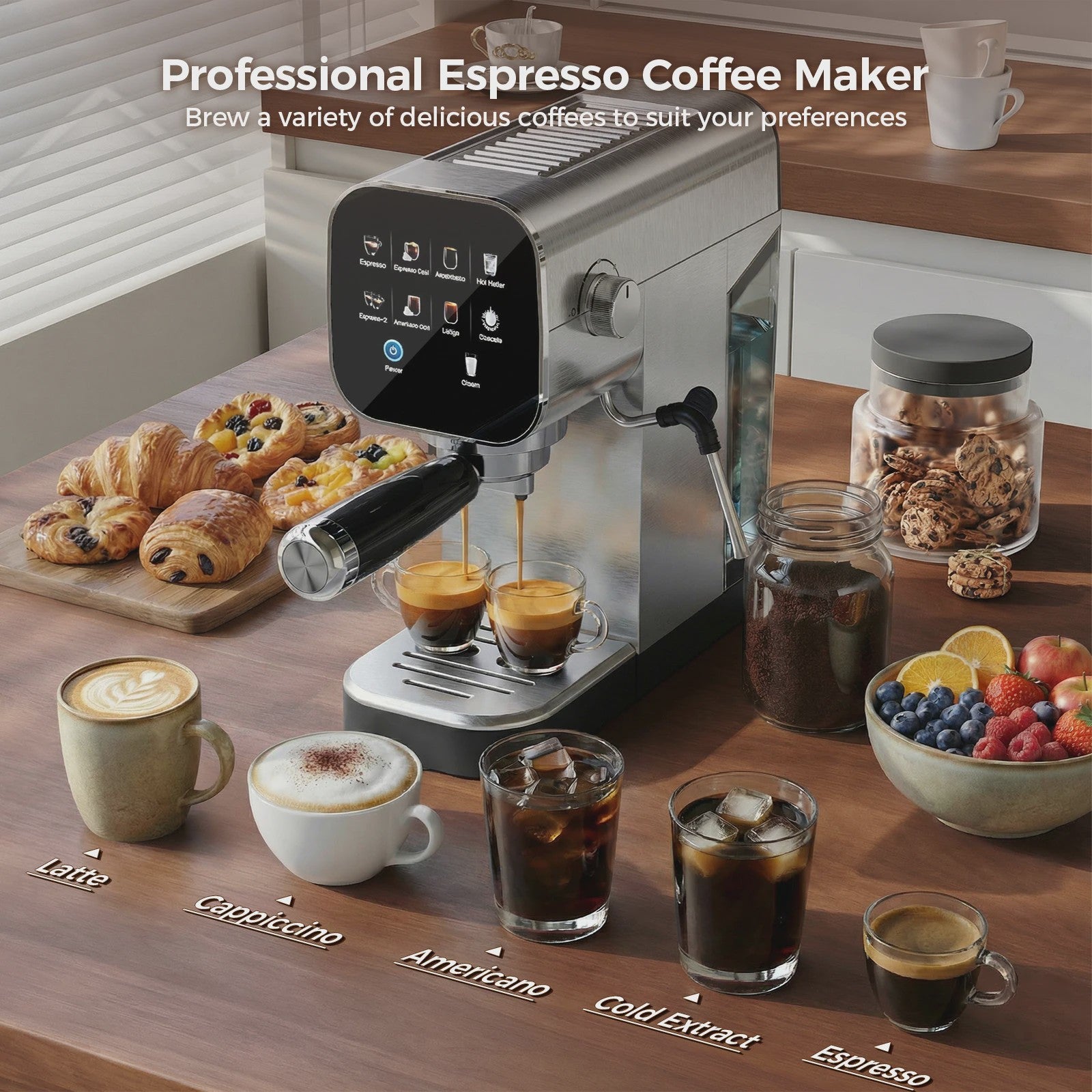 Patbrela Semi-Automatische Espressomachine 20Bar met Dubbel Watersysteem & 4-in-1 Portafilter