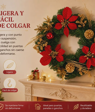 Kunstkerstkrans Rood met Poinsettia & Gouden Dennenappels - 45/55cm