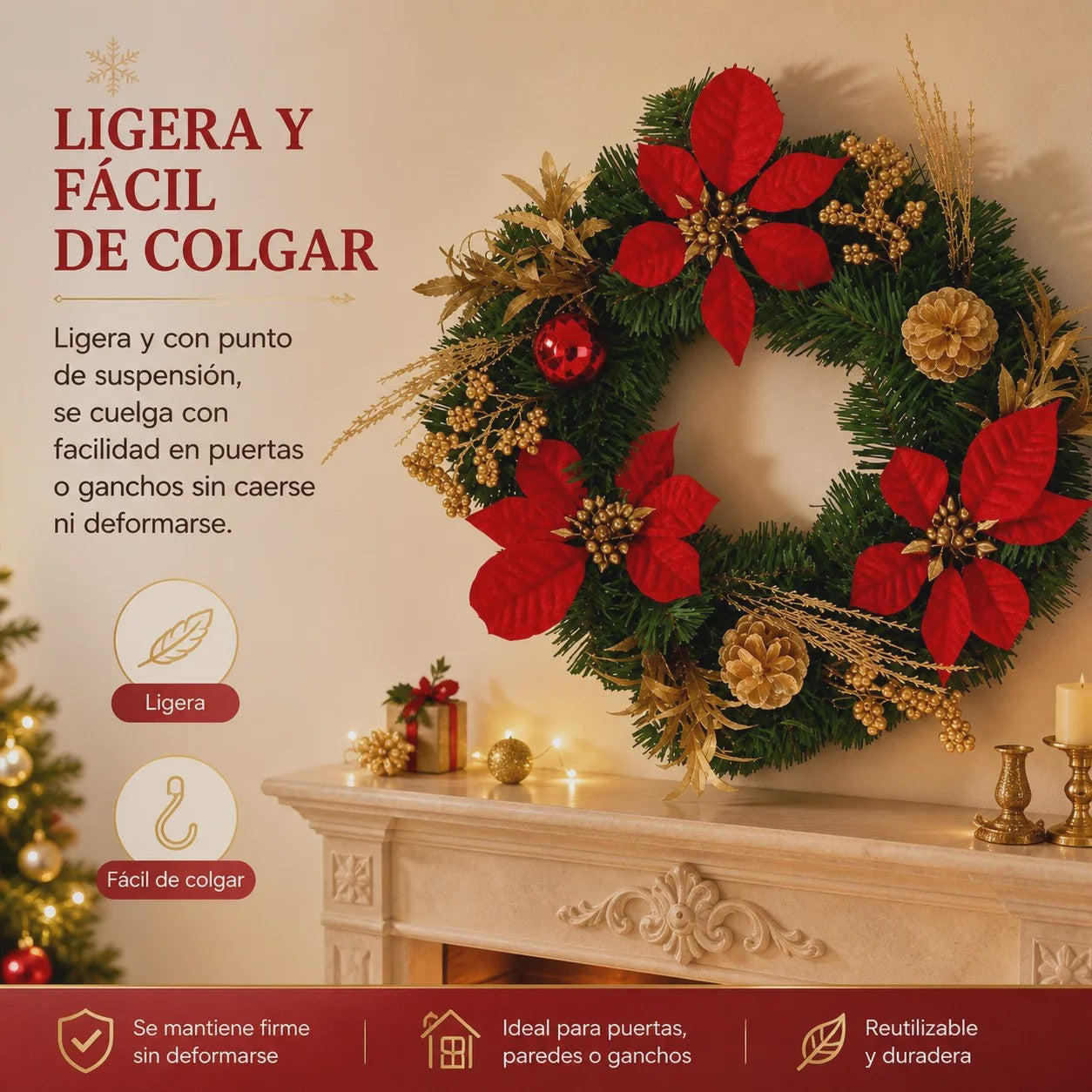 Kunstkerstkrans Rood met Poinsettia & Gouden Dennenappels - 45/55cm