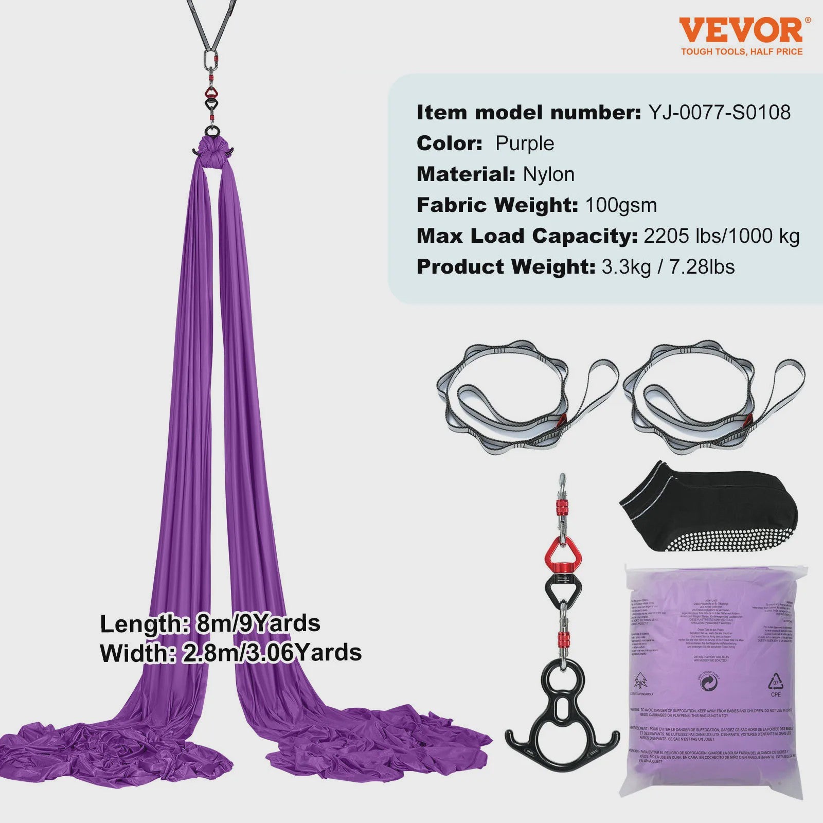 Aerial Yoga Hammock & Swing Starter Kit - 8.7/11 Yards Zijde Stof voor Alle Niveaus