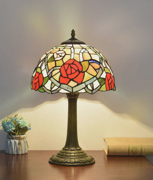 Vintage Gebrandschilderd Glas Tafellamp - Pauwstaart Stijl