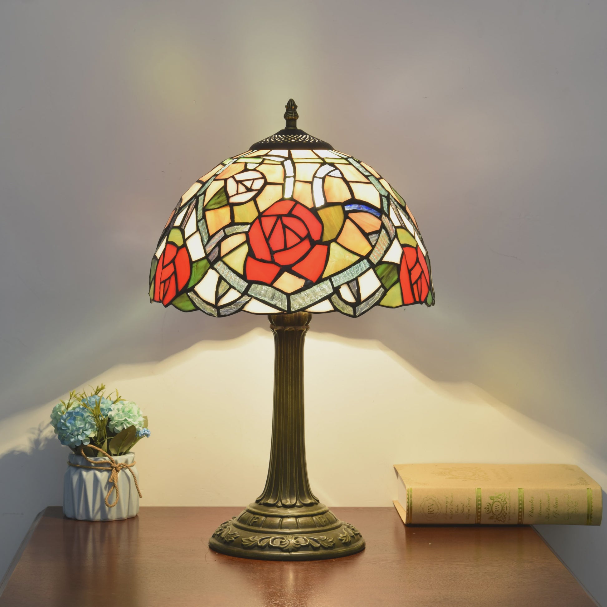Vintage Gebrandschilderd Glas Tafellamp - Pauwstaart Stijl