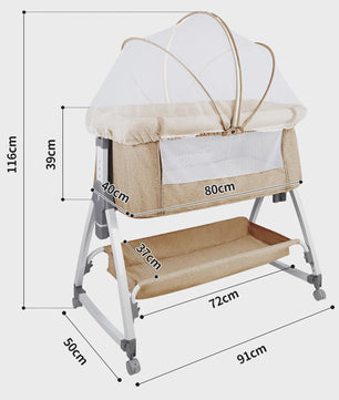 Baby Co-sleeper Wieg 2-in-1 met Wielen, 6 Hoogte-instellingen en Klamboe