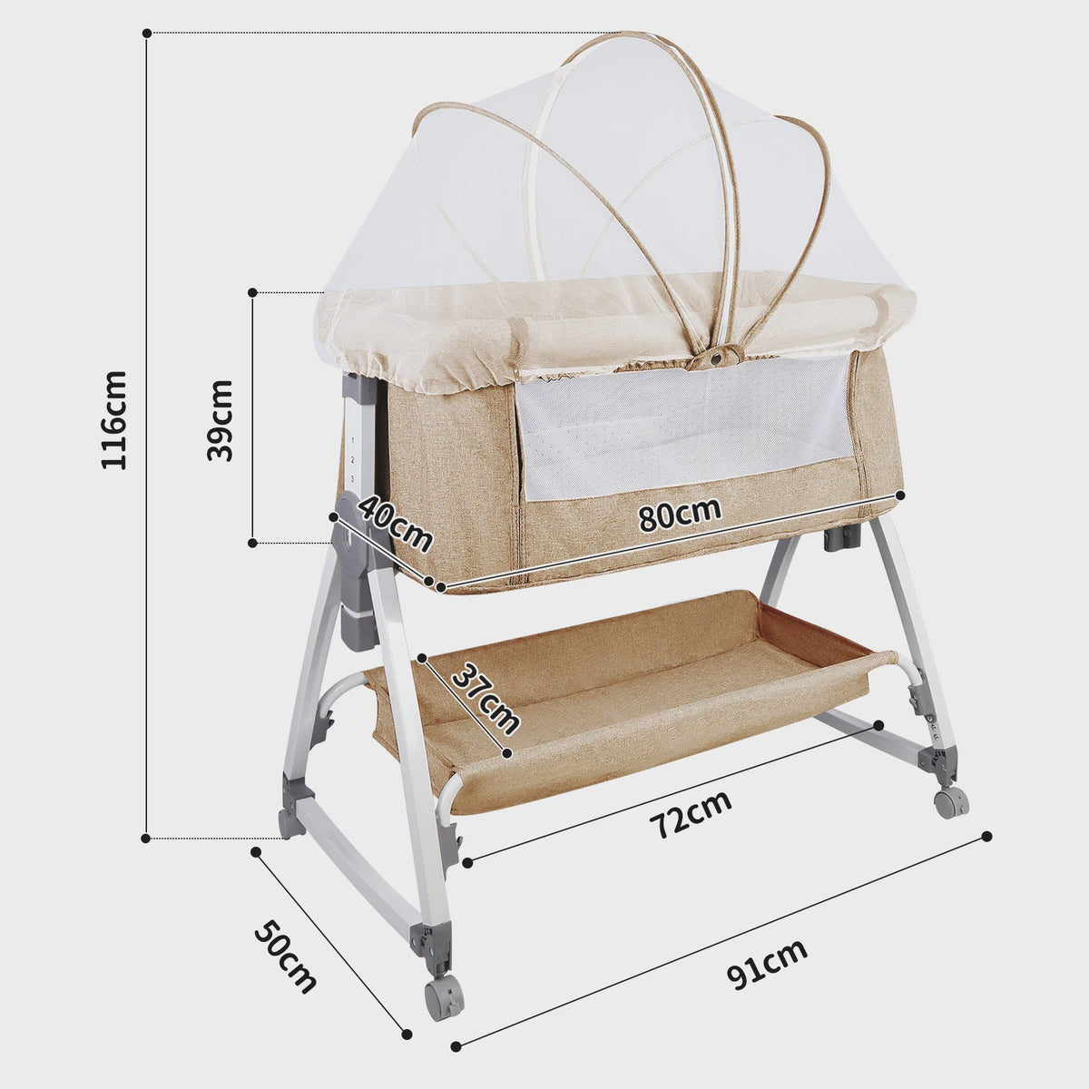 Baby Co-sleeper Wieg 2-in-1 met Wielen, 6 Hoogte-instellingen en Klamboe