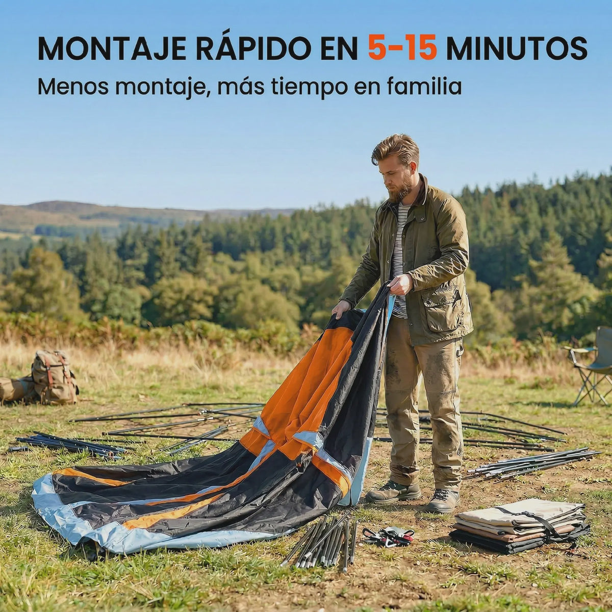 Outsunny Gezinstent Tunnel 2-4 Personen Oranje/Blauw - Ruim & Ventilerend