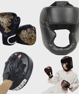 Professionele Bokshandschoenen & Helm Set voor Kinderen en Volwassenen - PU Leer