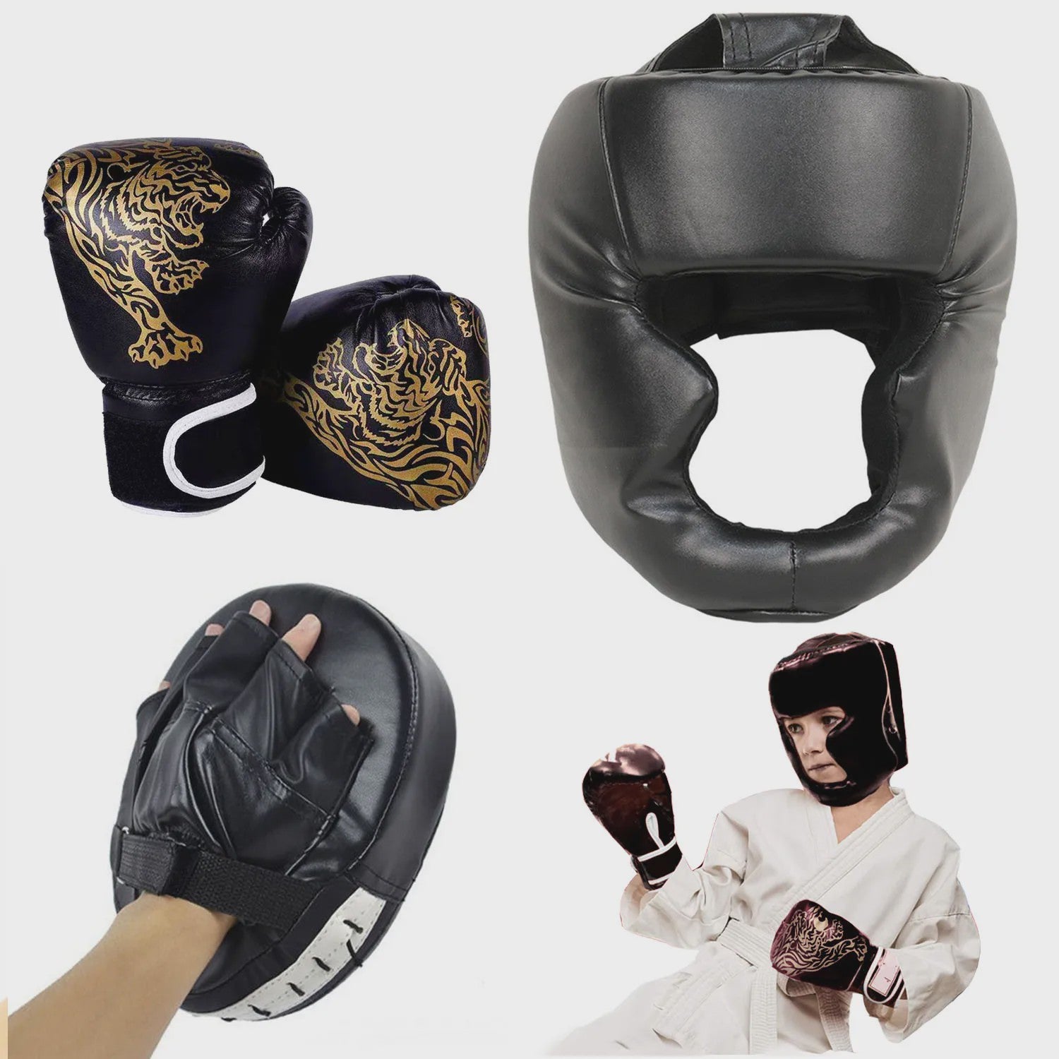 Professionele Bokshandschoenen & Helm Set voor Kinderen en Volwassenen - PU Leer