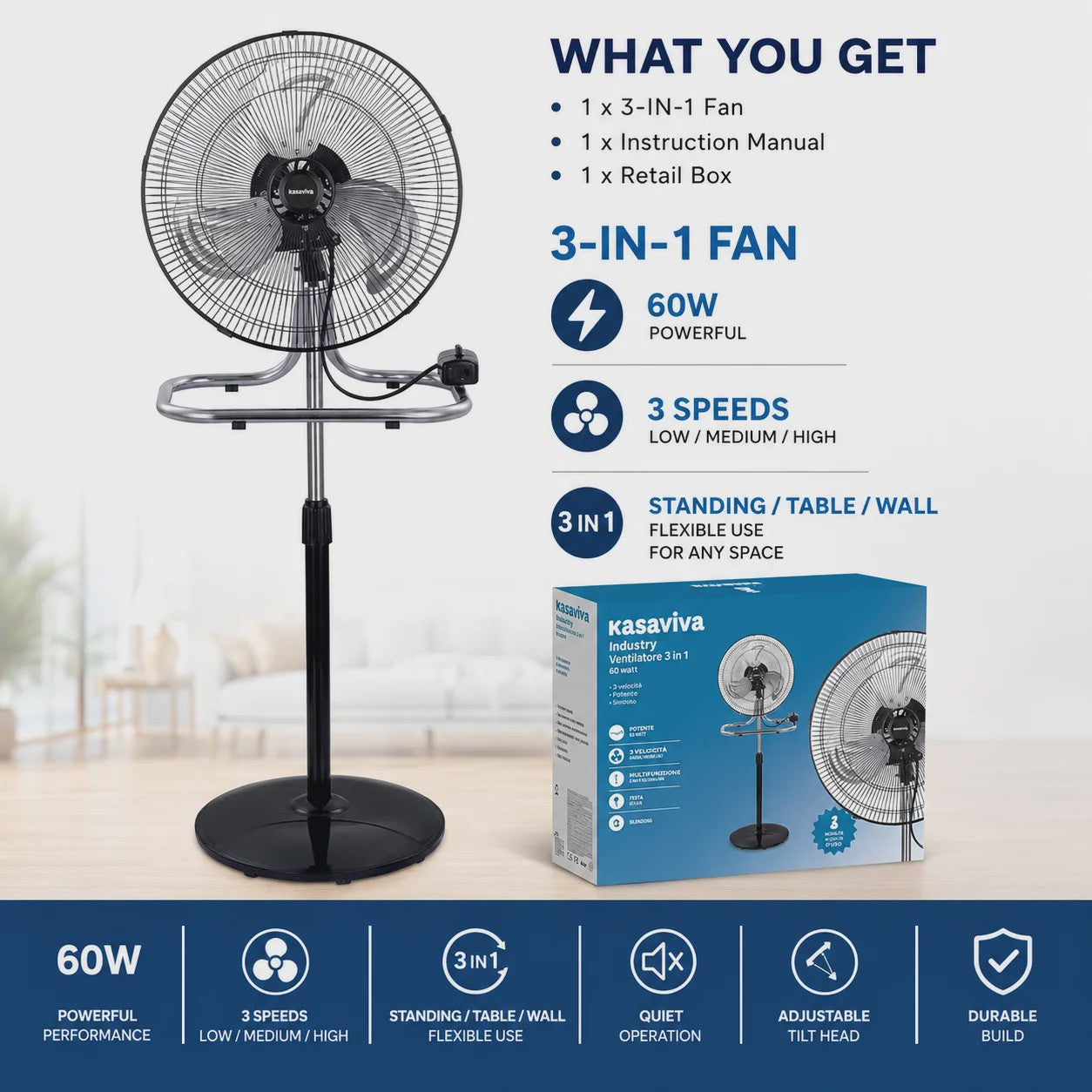 3-in-1 Metalen Ventilator: Vloer, Tafel & Wandmodel - Verstelbaar tot 130cm