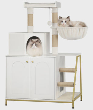 Moderne 4-in-1 Kattenboom met Kattenbakmeubel, Groot Platform, Trapjes en Pompom