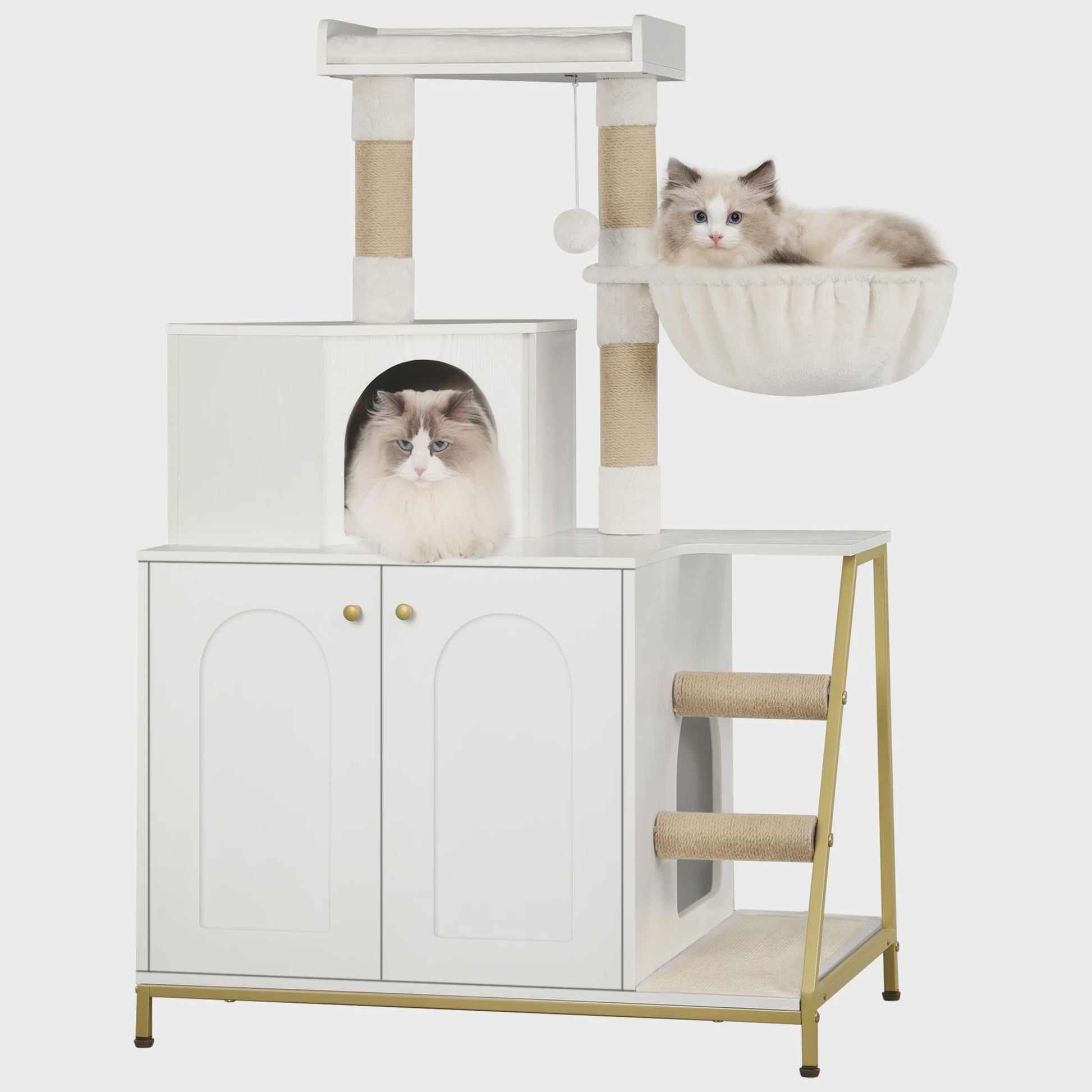 Moderne 4-in-1 Kattenboom met Kattenbakmeubel, Groot Platform, Trapjes en Pompom