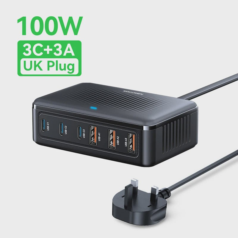 Rocoren 100W GaN Desktop Lader: 6-Poorts Snellader met USB-C voor Al Je Apparaten