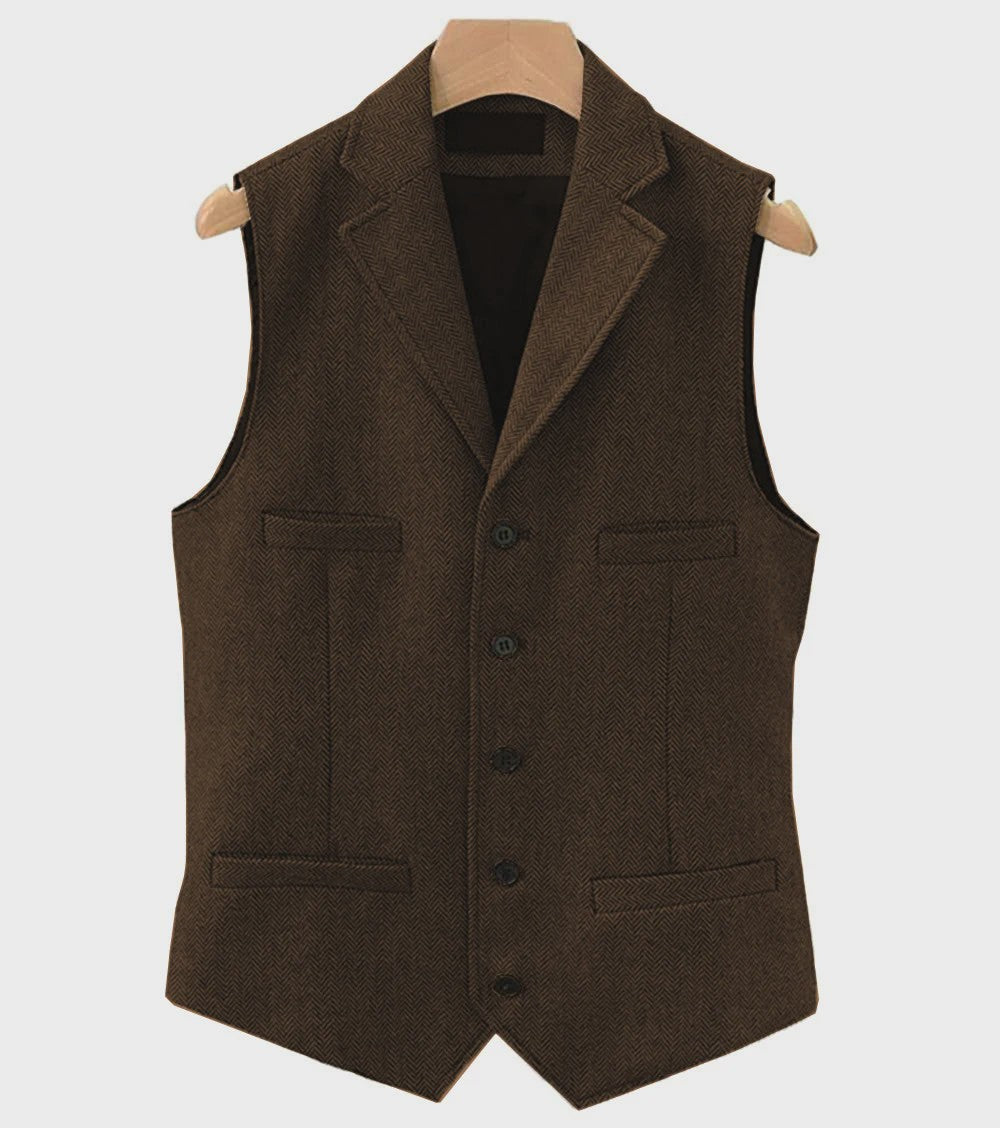 Herentrui Gilet Wol Tweed Visgraat Bruin - Klassiek Gilet voor Bruiloft & Feest