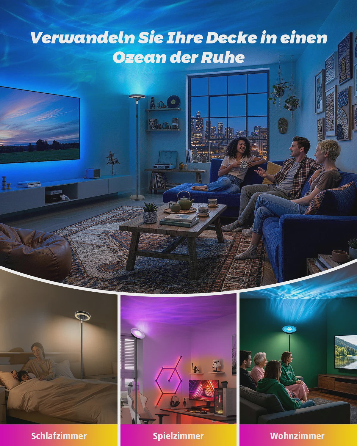 Moderne LED Vloerlamp met Watergolf Effect, RGB & CCT Sfeerverlichting en Leeslamp Functie