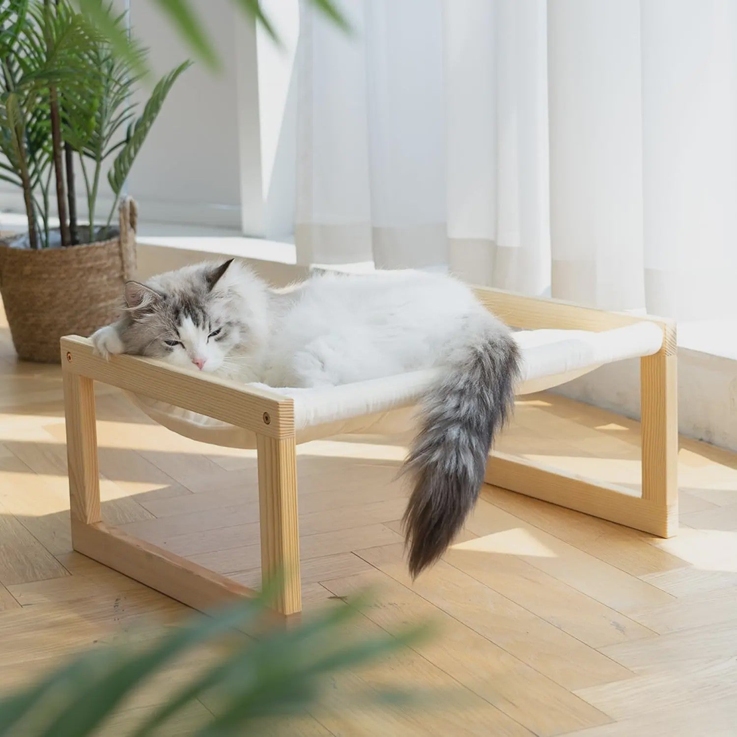 Houten Kattenmand Verhoogd Bed met Wasbare Matras - Wit