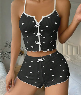 Dames Pyjama Set Hartjes Print - Cropped Cami Top met Strik & Elastische Shorts