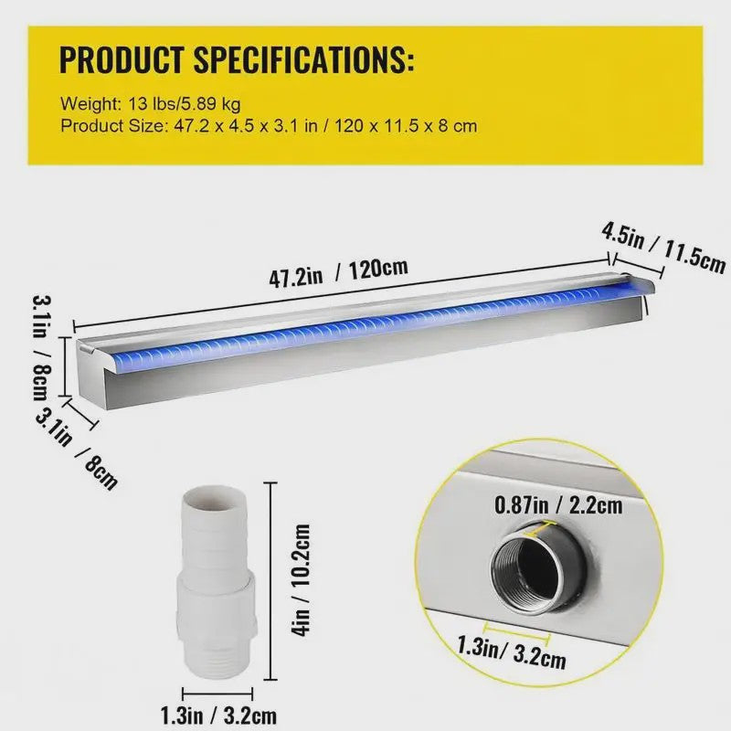 RVS Zwembad Waterval Overloopput met Kleurrijke LED Strip - 120 cm