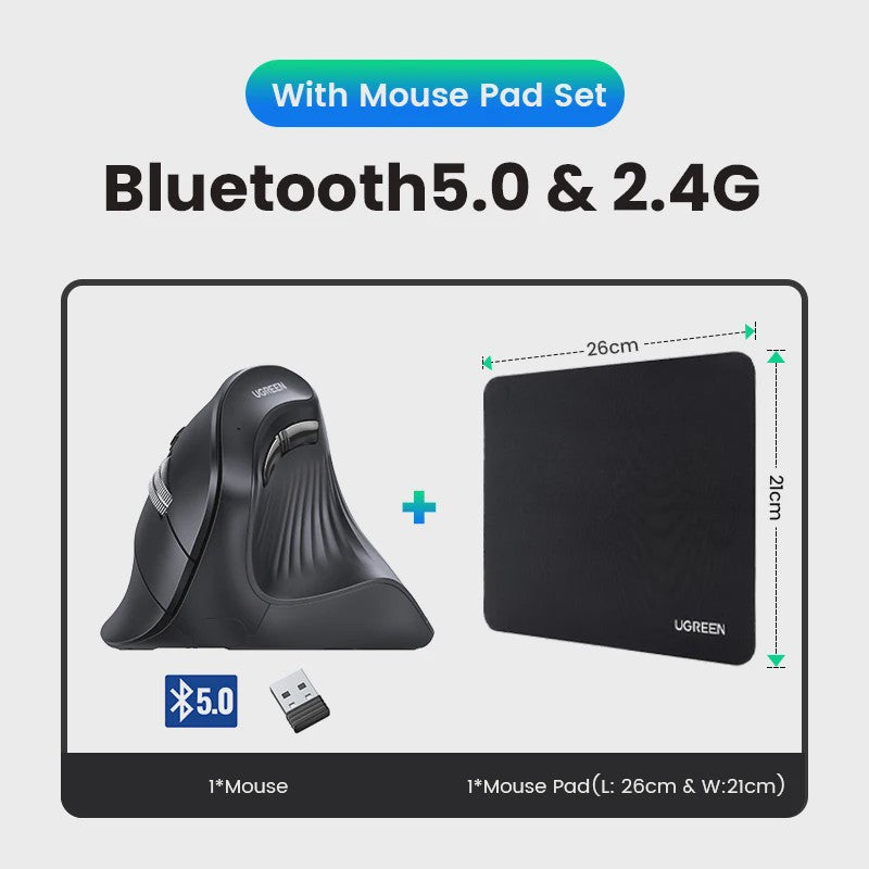 UGREEN Verticale Ergonomische Muis - Draadloos Bluetooth 5.0 & 2.4G, 4000 DPI