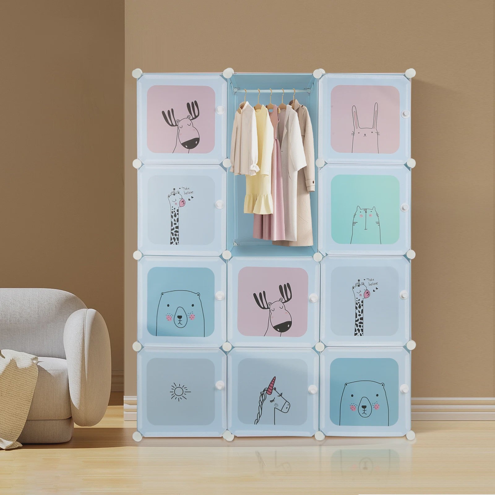 Modulair Kinderkastje met 12 Roze/Blauwe Kubussen en Dierenprints