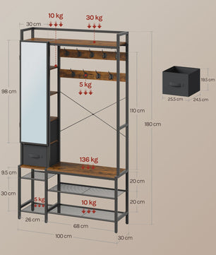 WOLTU Kapstok met Schoenrek, Spiegel en Lades - Open Garderoberek Metaal & Hout 100x30x180cm