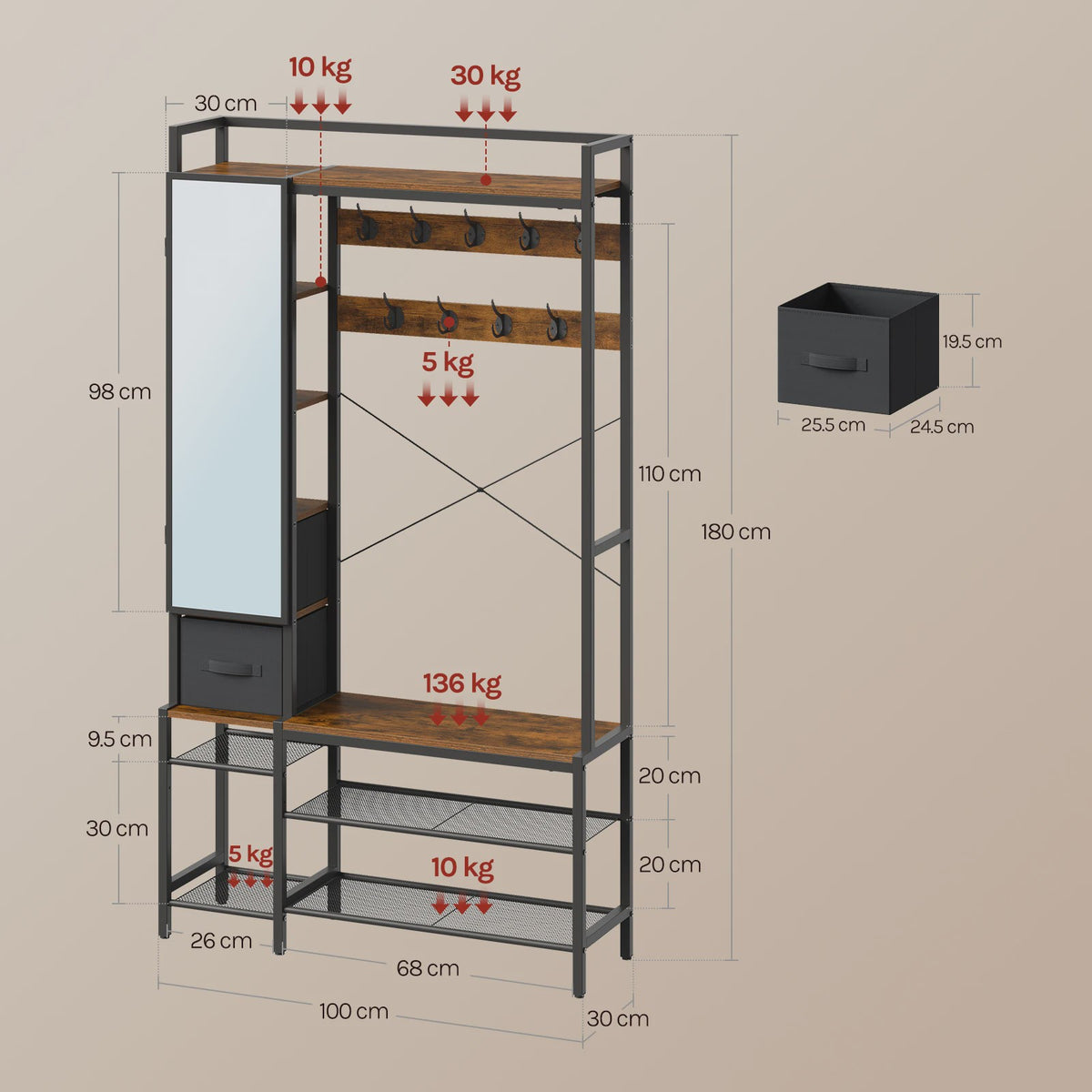 WOLTU Kapstok met Schoenrek, Spiegel en Lades - Open Garderoberek Metaal & Hout 100x30x180cm