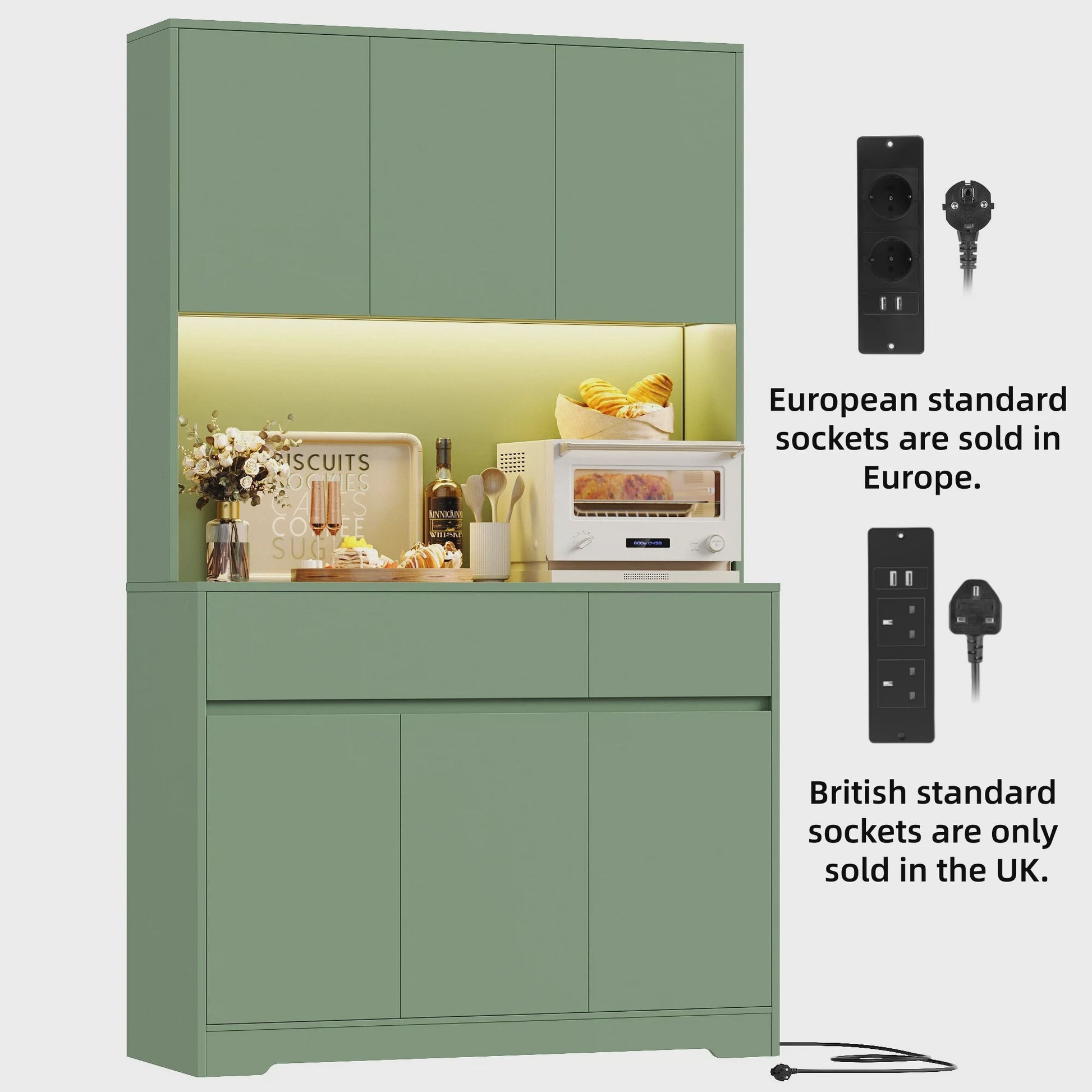 Hoge Keukenkast met LED & Stopcontact - 180cm Breed - 6 Deuren, 2 Lades, Verstelbare Planken