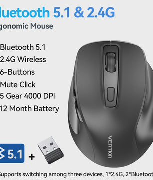 Vention Ergonomische Draadloze Muis: Bluetooth 5.1 & 2.4G Dual-Mode, 4000 DPI, Stille Knoppen