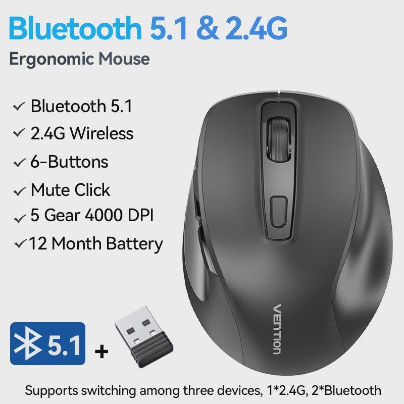 Vention Ergonomische Draadloze Muis: Bluetooth 5.1 & 2.4G Dual-Mode, 4000 DPI, Stille Knoppen