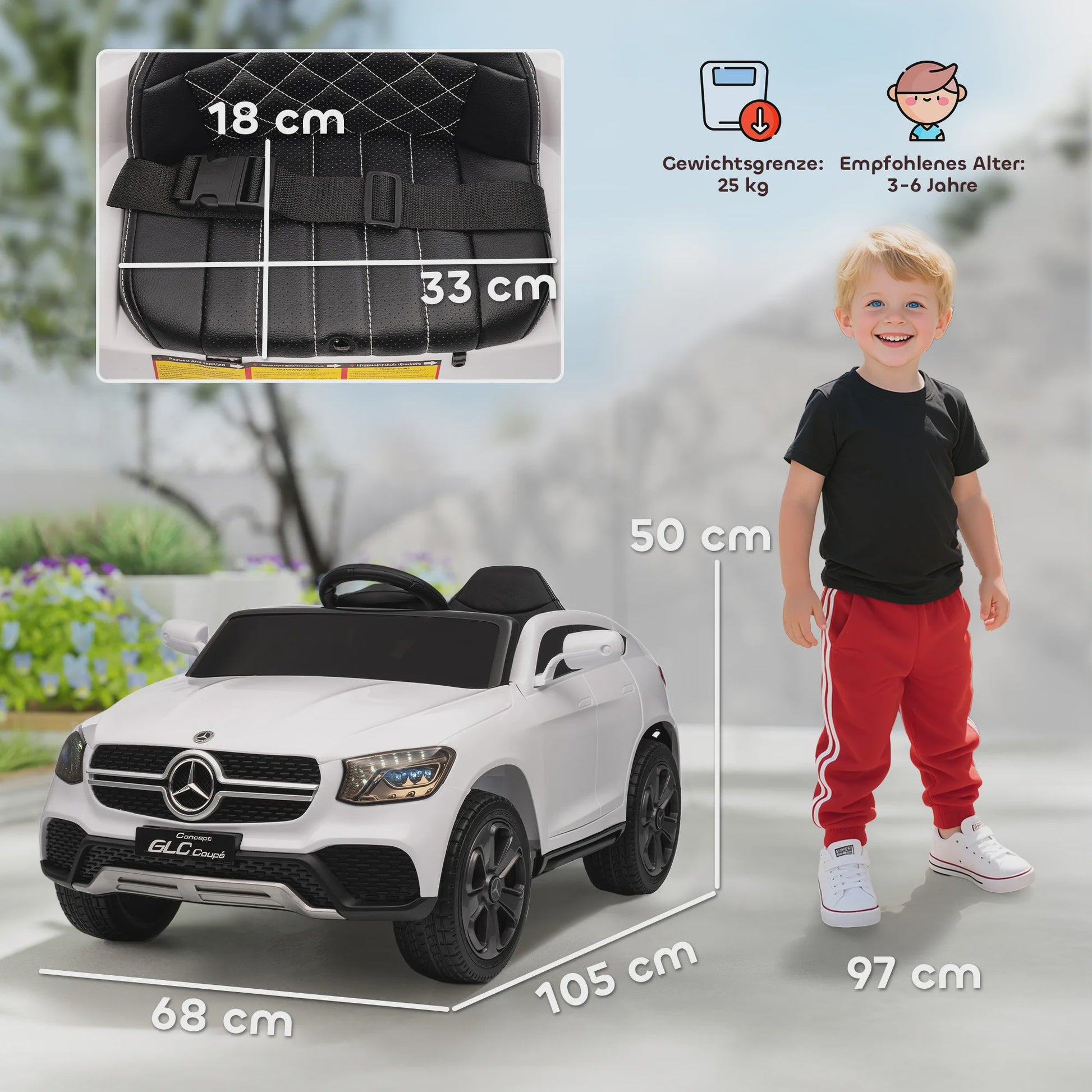 Elektrische Kinderauto 12V met Afstandsbediening, LED, Muziek & 3 Snelheden - Wit