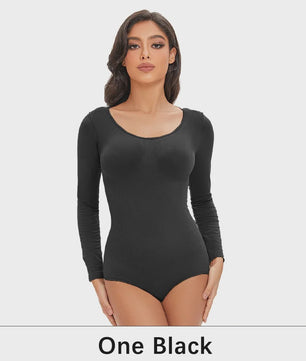 POKARLA Spandex Elastic Body Suit Shapewear Women Body Shaper Tummy Control Long Sleeve Open Crotch Round Neck Seamless Shapers