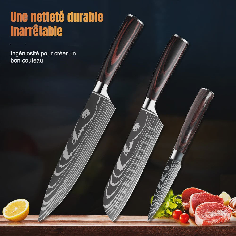 3-delige Keukenmes Set - Damascus Patroon - Hoog Koolstof RVS
