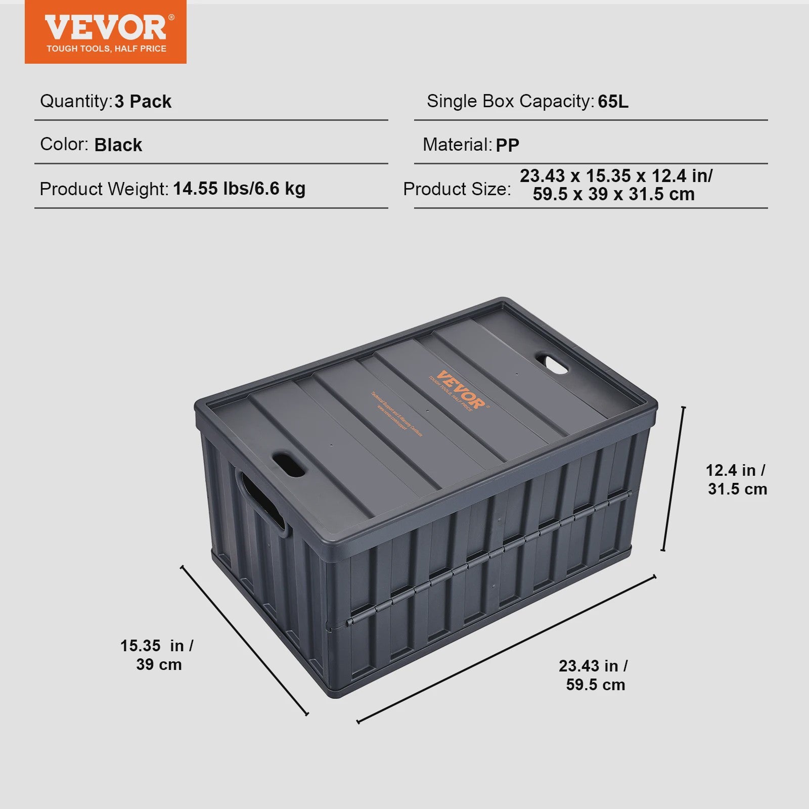 Set van 3 Opvouwbare Opbergkratten met Deksel - 45L & 65L