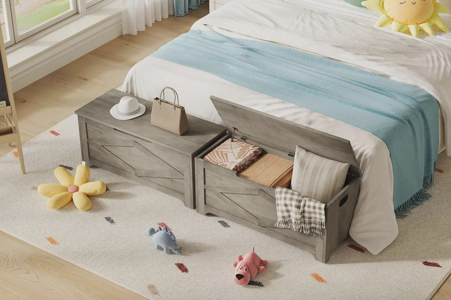 Rustieke Houten Opbergbank met Klepdeksel - Farmhouse Stijl
