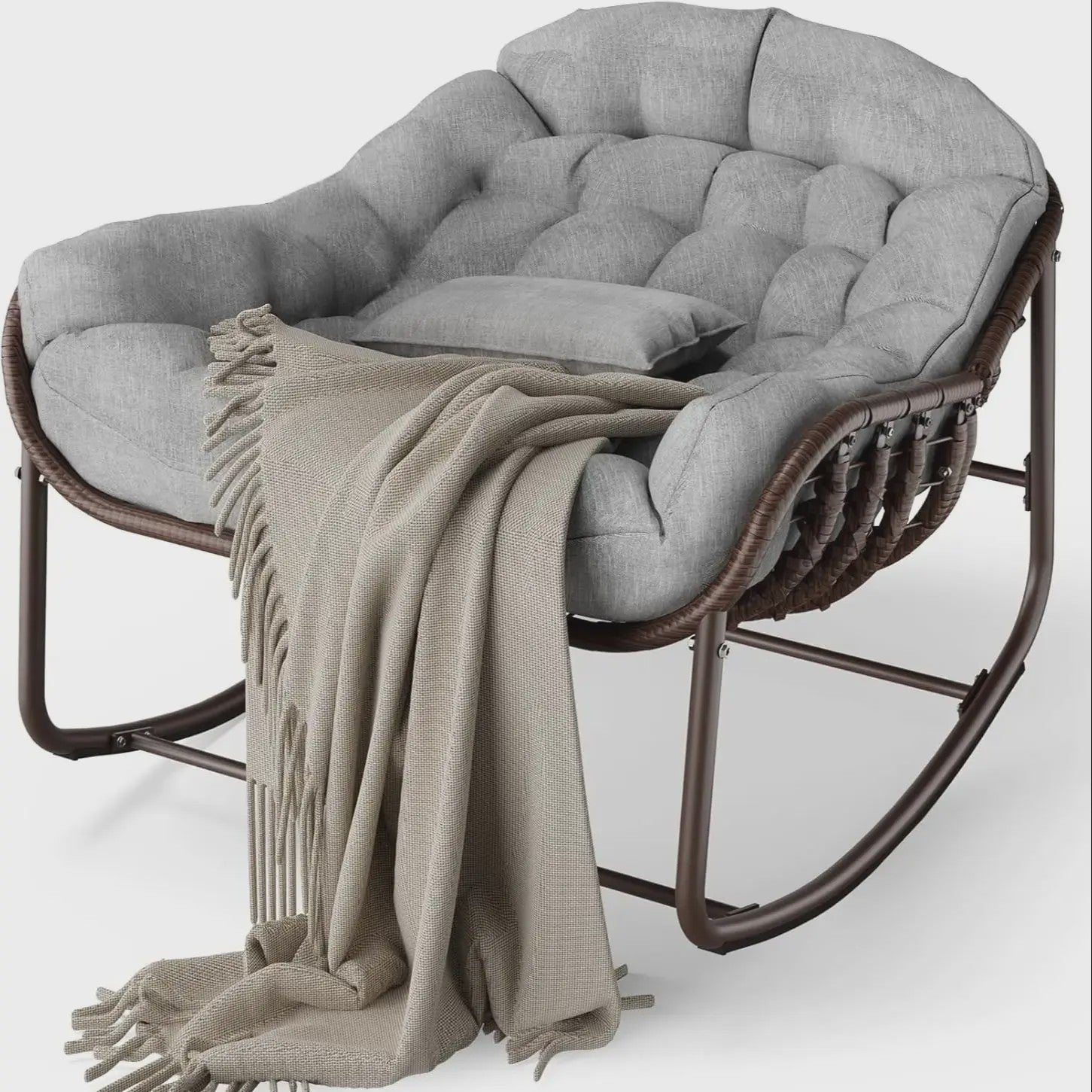 Oversized Rotan Wipstoel met Dik Kussen - Moderne Wicker Lounge Stoel voor Binnen & Buiten