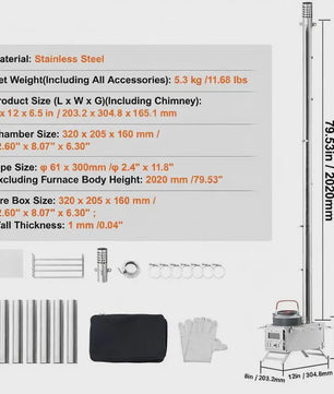 80-Inch RVS Camping Houtkachel met 8 Pijpen - Draagbaar & Efficiënt voor Buiten Koken & Verwarming