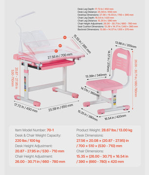 Verstelbare Kinder Studietafel en Stoel Set met Bureaulamp - Ideaal voor Studie & Slaapkamer