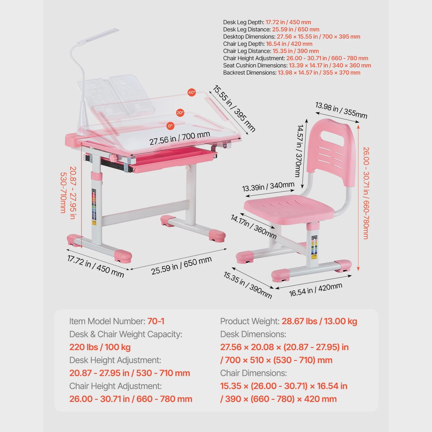 Verstelbare Kinder Studietafel en Stoel Set met Bureaulamp - Ideaal voor Studie & Slaapkamer